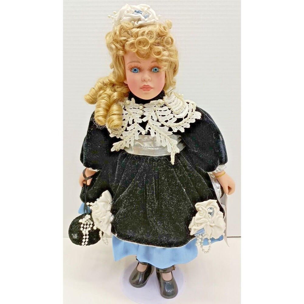 Vintage Porcelain Doll Blonde Curly Hair Black Victorian Dress Purse Tag